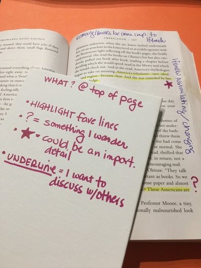 Annotating book pages by encircling and highlighting. Colors and pen